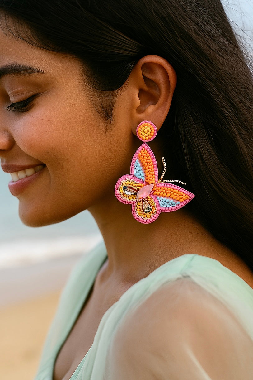 Sun-Kissed Pink Handmade Beaded Butterfly Earrings