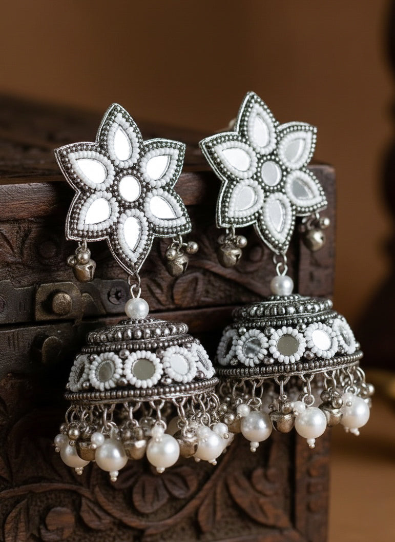 Naaz Mirror Handmade Beaded Jhumka Earrings