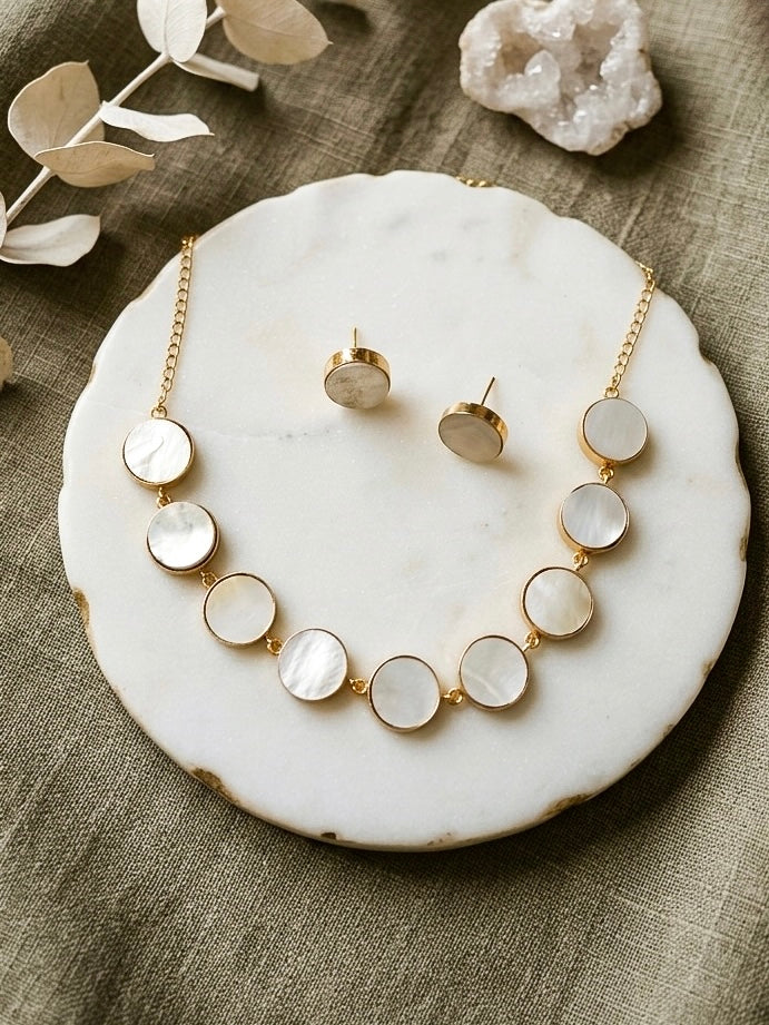 Moonstone Mother of Pearl Handmade Brass Necklace + Stud Earrings Set