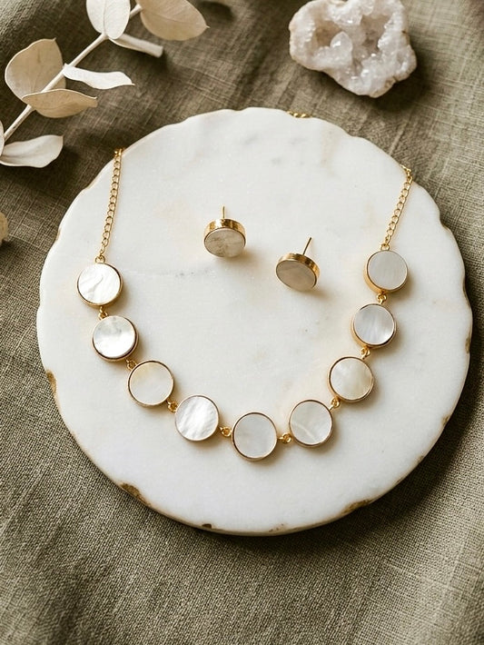 Moonstone Mother of Pearl Handmade Brass Necklace + Stud Earrings Set