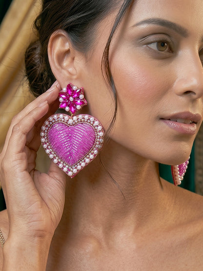 Ishqiya Pink Heart Drop Handmade Beaded Earrings