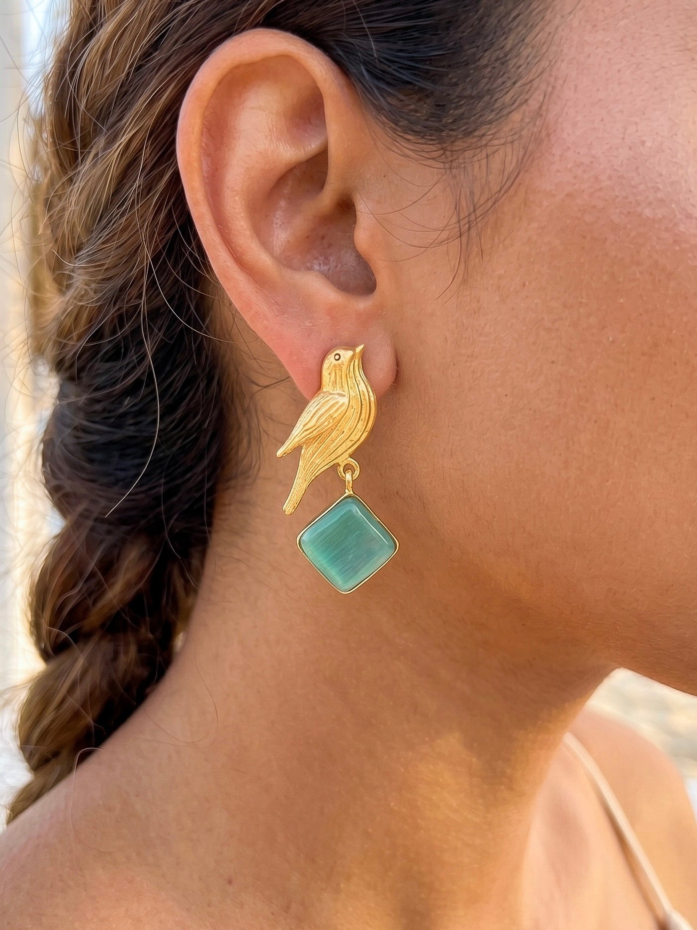 Hello Birdie Handmade Brass Earrings - Teal Diamond