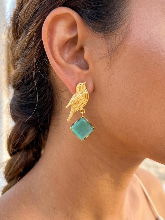 Hello Birdie Handmade Brass Earrings - Teal Diamond