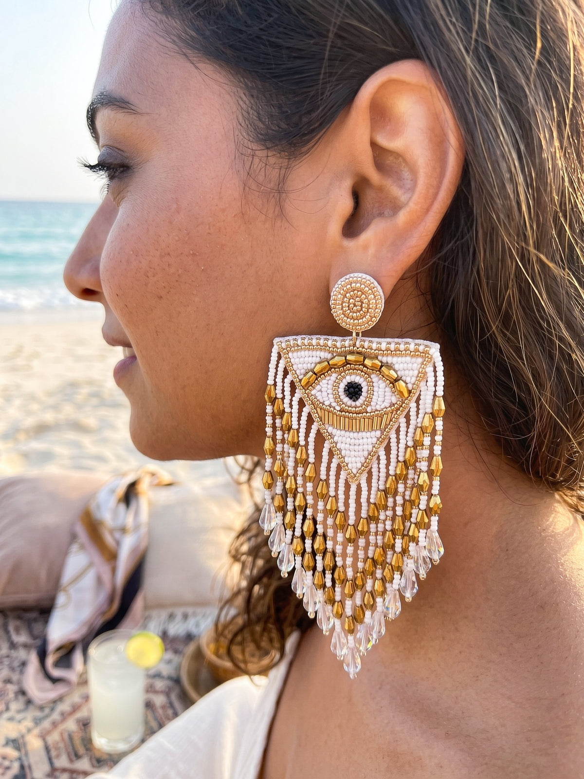 Luxe Evil Eye White Handmade Beaded Tassel Earrings