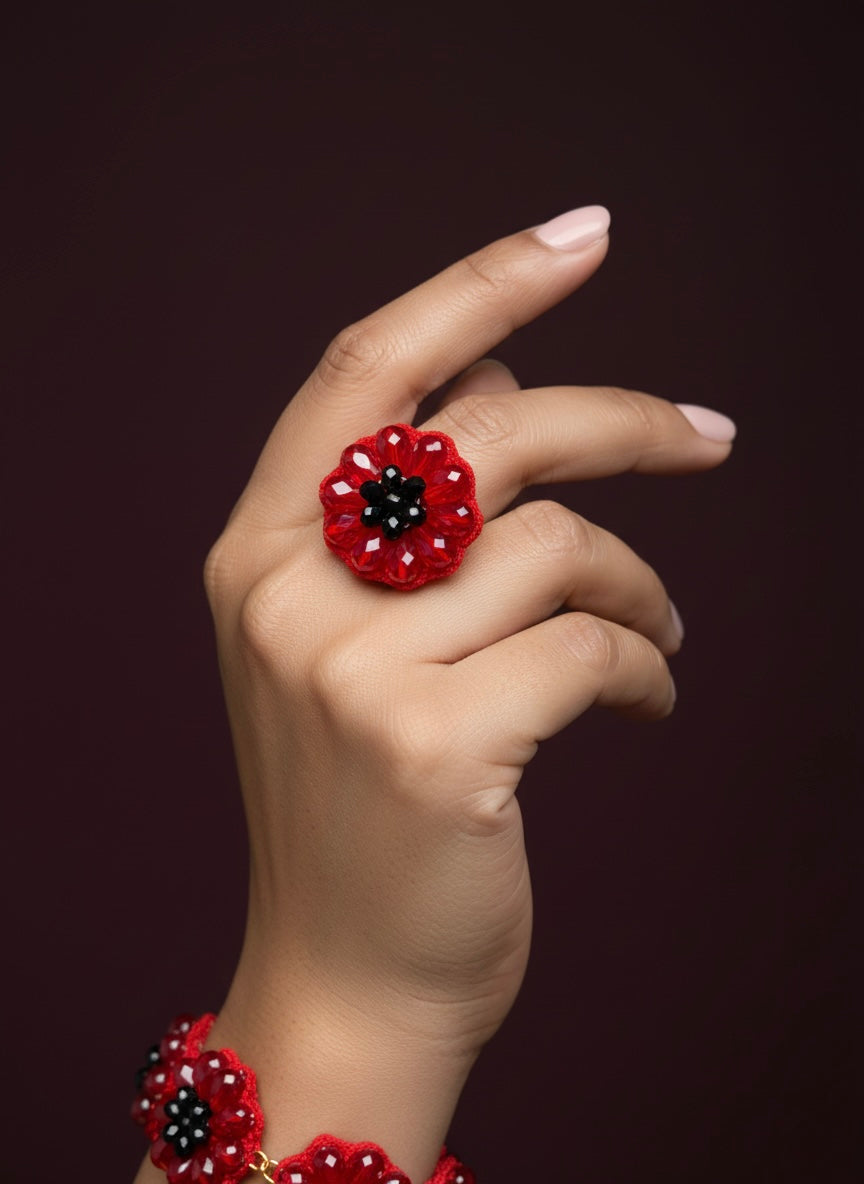 Daisy Dream Red Handmade Beaded Flower Ring