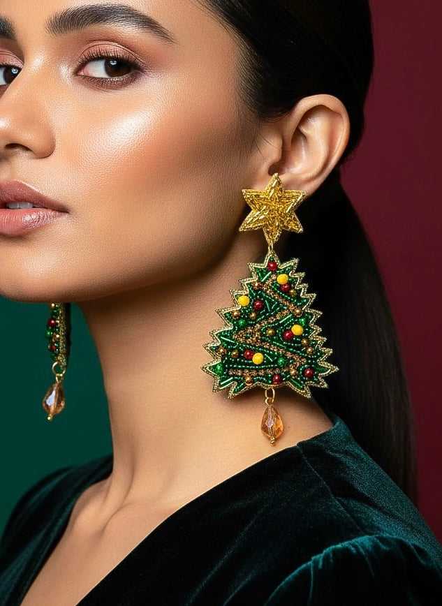 Sparkling Christmas Tree Handmade Beaded Earrings