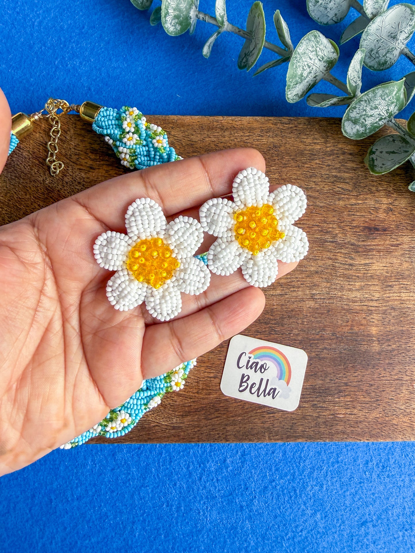 Luxe Flora Aqua Blue Handmade Beaded Necklace + Earrings Set