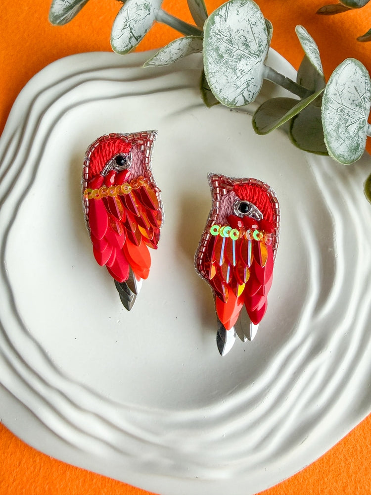 Chirpy Sunset Orange Parrot Handmade Beaded Bird Earrings