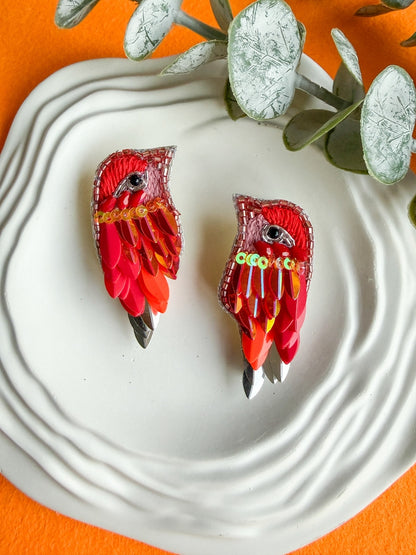 Chirpy Sunset Orange Parrot Handmade Beaded Bird Earrings