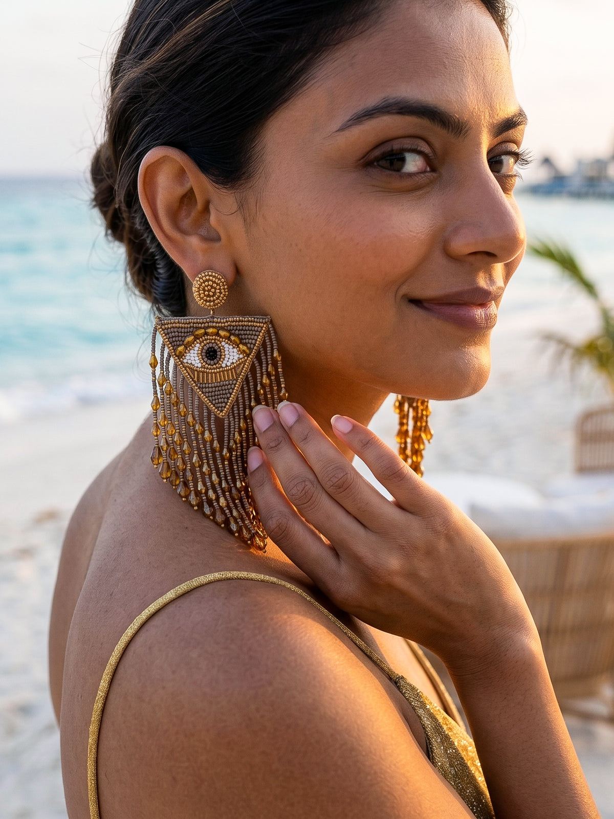 Luxe Evil Eye Bronze Handmade Beaded Tassel Earrings