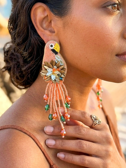 Luxe Paradise Peach Orange Parrot Handmade Beaded Bird Earrings