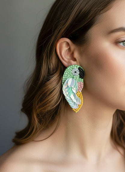 Green Parrot Handmade Beaded Bird Earrings