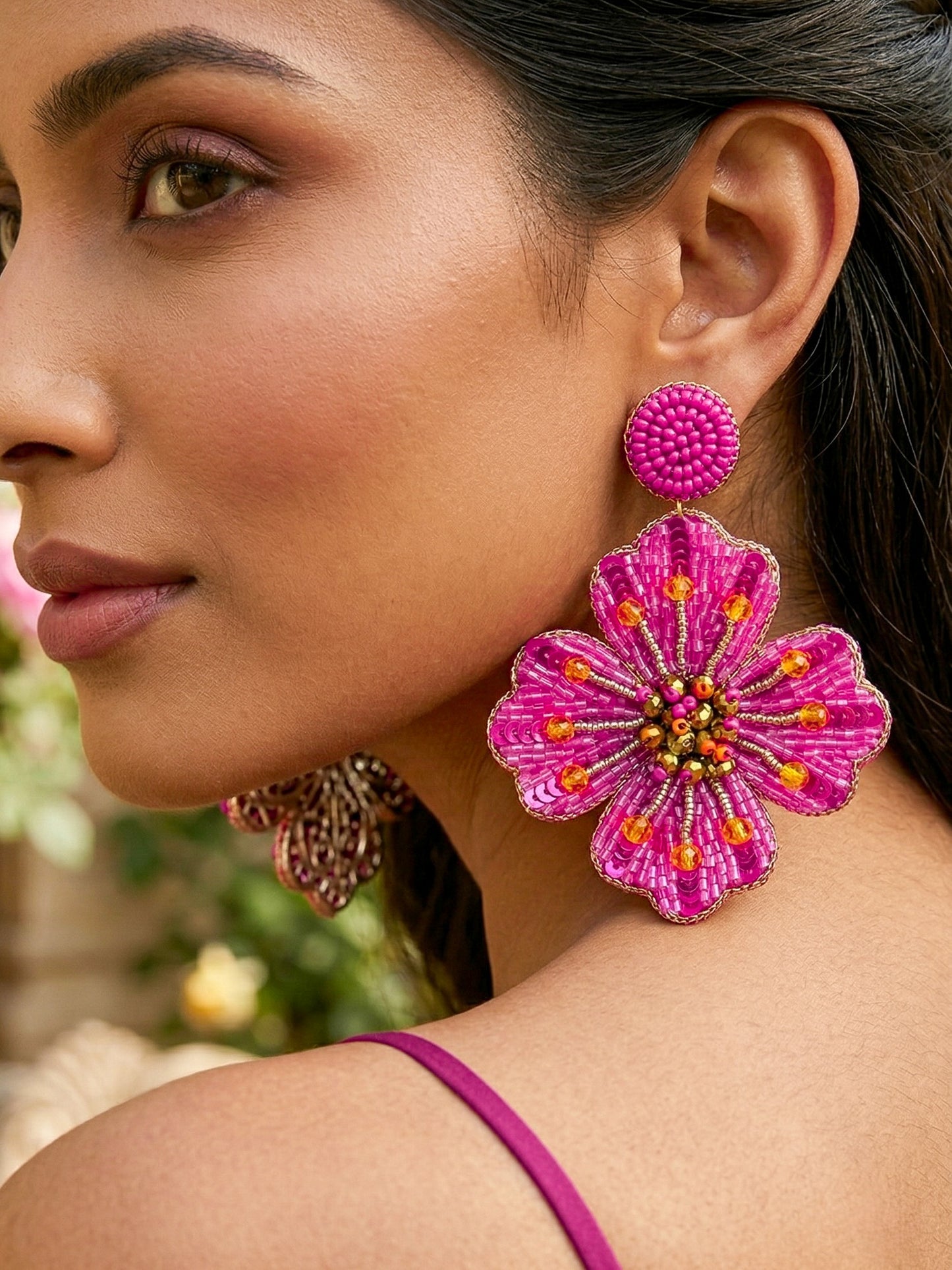 Rosey Glow Pink Flower Handmade Beaded Earrings