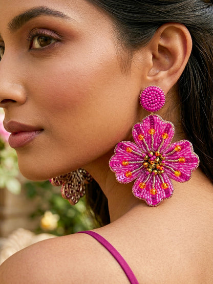 Rosey Glow Pink Flower Handmade Beaded Earrings