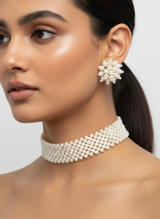 Ira Pearl Handmade Choker Necklace + Earrings Set
