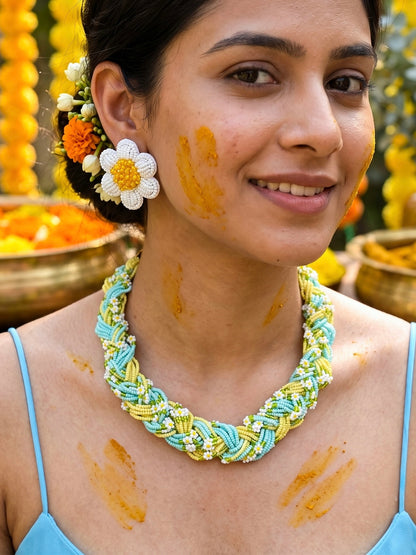 Luxe Flora Light Blue Yellow Handmade Beaded Necklace + Earrings Set