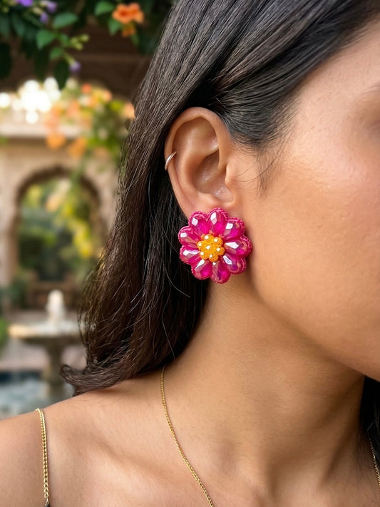 Sparkling Hot Pink Flower Handmade Beaded Stud Earrings