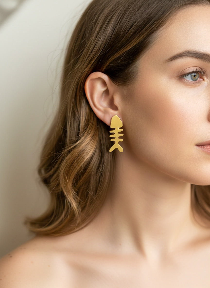 Fish Bone Handmade Brass Stud Earrings