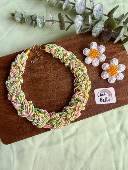 Luxe Flora Green Pink Yellow Handmade Beaded Necklace + Earrings Set