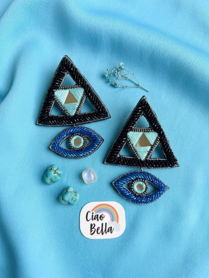 Electric Black & Blue Evil Eye Handmade Beaded Earrings