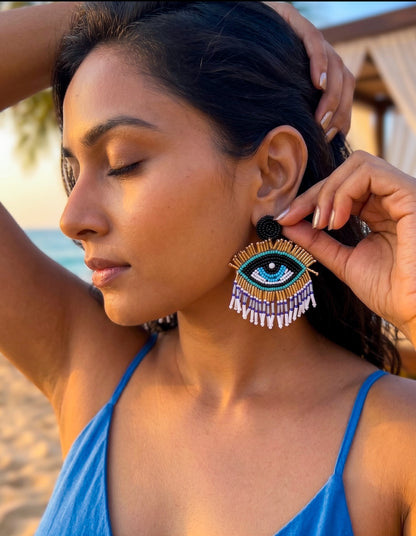Blue Evil Eye Elegance Handmade Beaded Earrings
