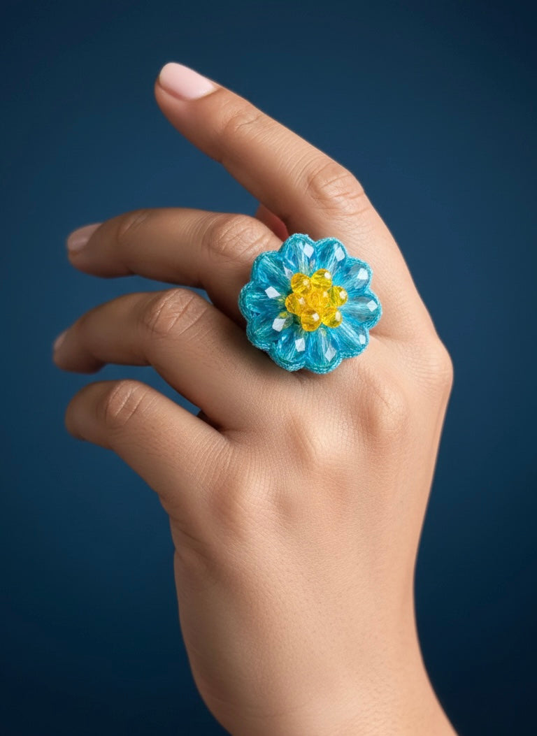Daisy Dream Blue Handmade Beaded Flower Ring