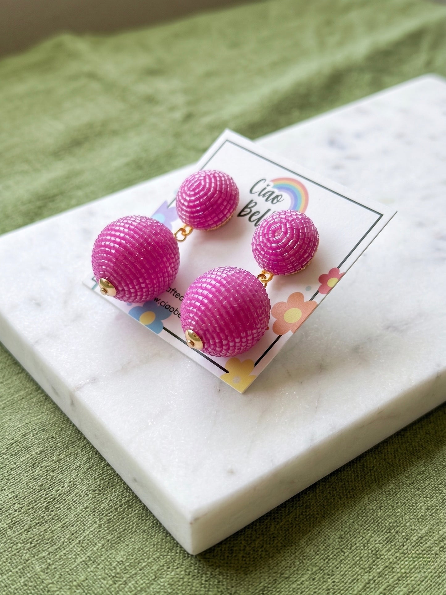 Hot Pink Round Drop Handmade Beaded Earrings