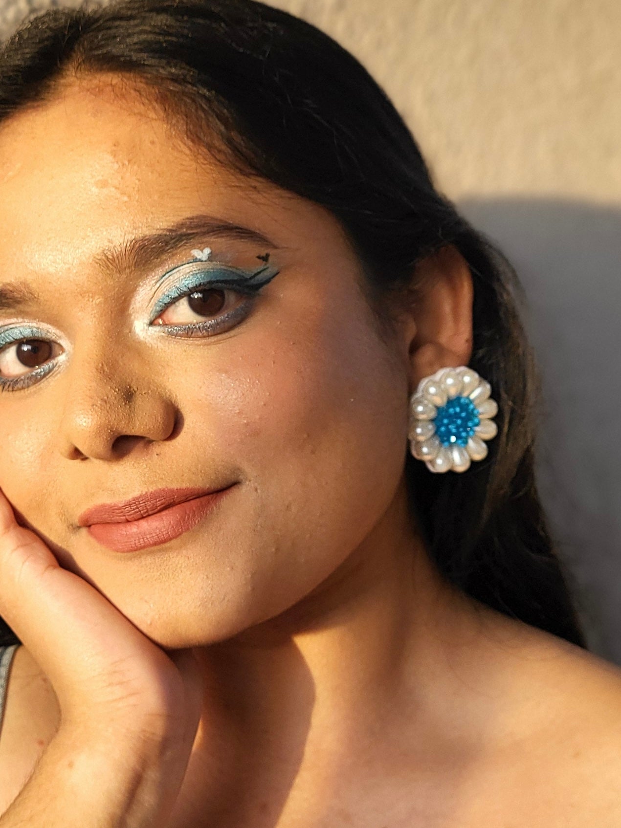 Cool Blue Daisy Stud Handmade Beaded Flower Earrings