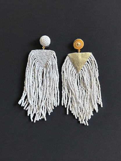 Luxe Snow White Handmade Beaded Tassel Earrings