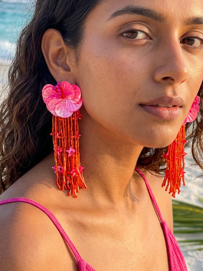 Sunset Pink Orange Star Flower Handmade Beaded Earrings