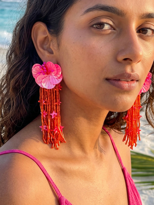 Sunset Pink Orange Star Flower Handmade Beaded Earrings