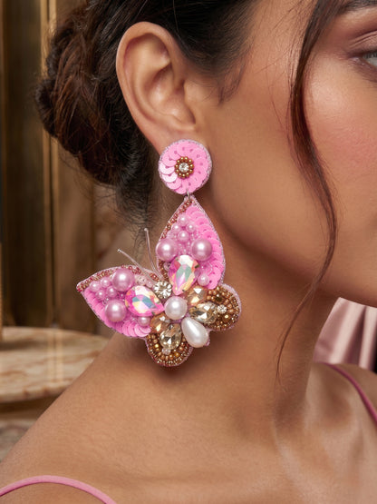 Luxe Crystal Light Rose Pink Handmade Beaded Butterfly Earrings