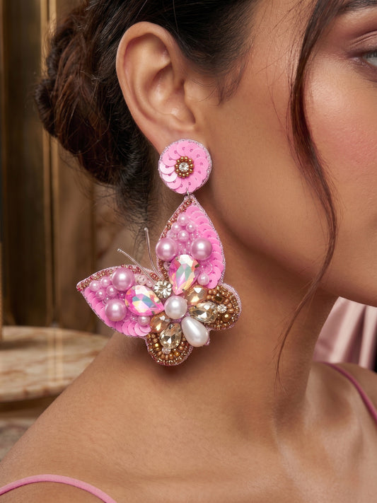 Luxe Crystal Light Rose Pink Handmade Beaded Butterfly Earrings