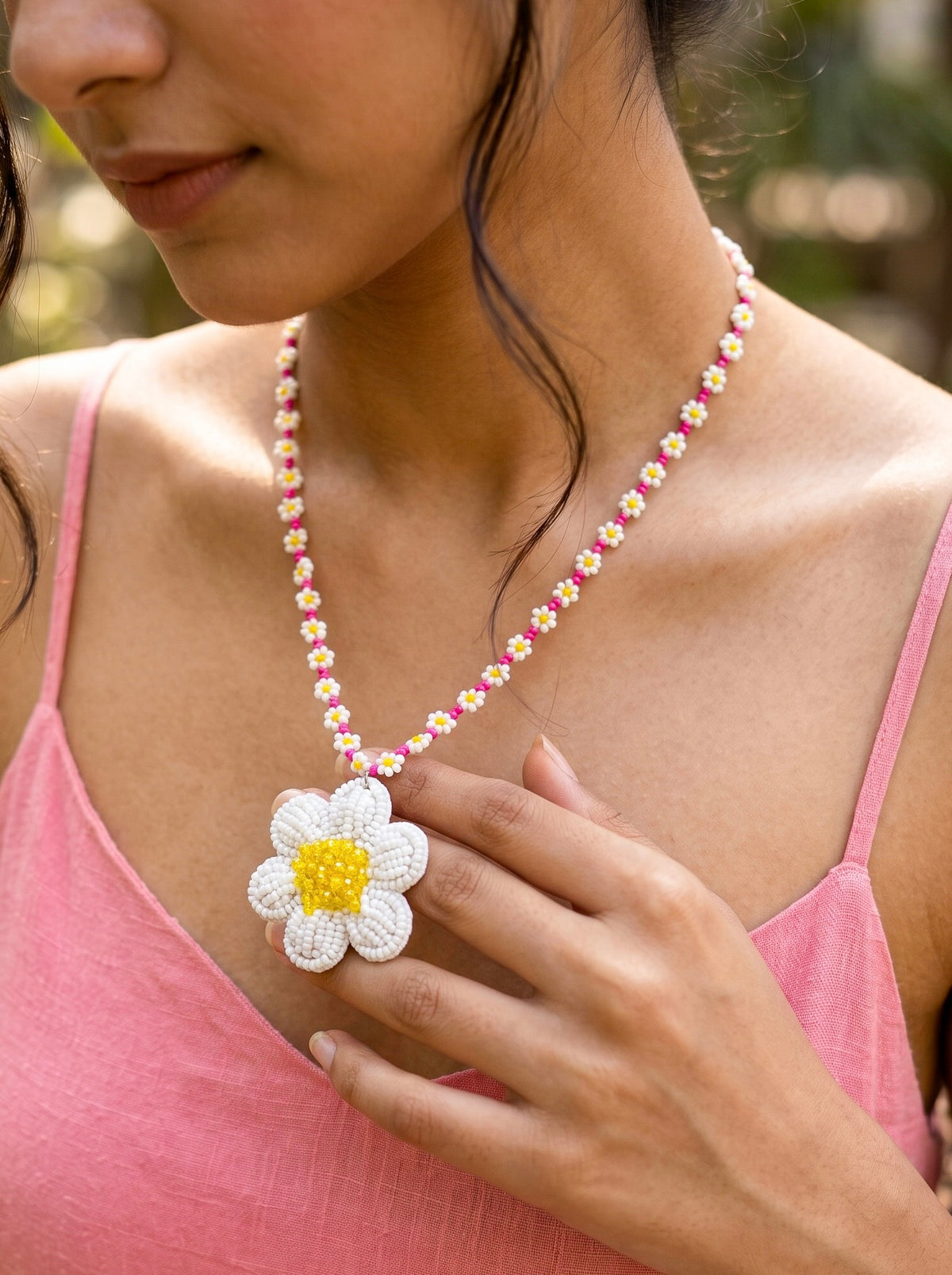 Spring Bloom Pink White Daisy Handmade Beaded Necklace