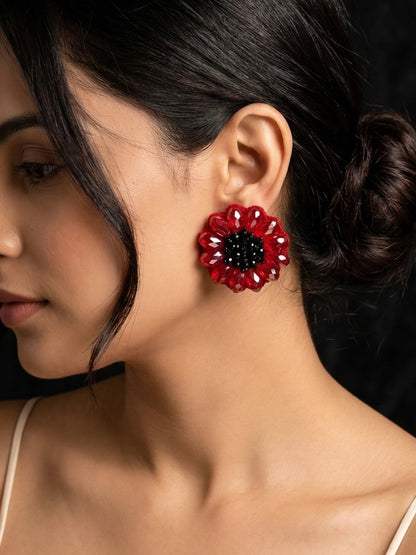 Sparkling Red Poppy Stud Handmade Beaded Earrings