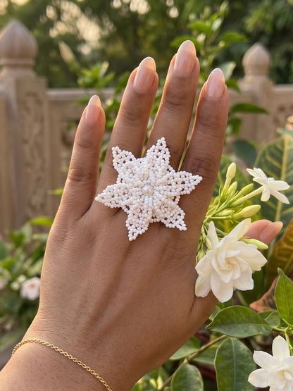 Snow White Delicate Snowflake 3D Crochet Handmade Beaded Ring