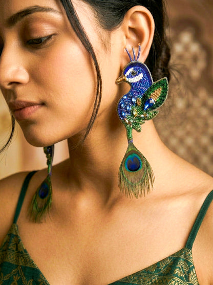 Regal Peacock Blue Green Handmade Beaded Bird Earrings