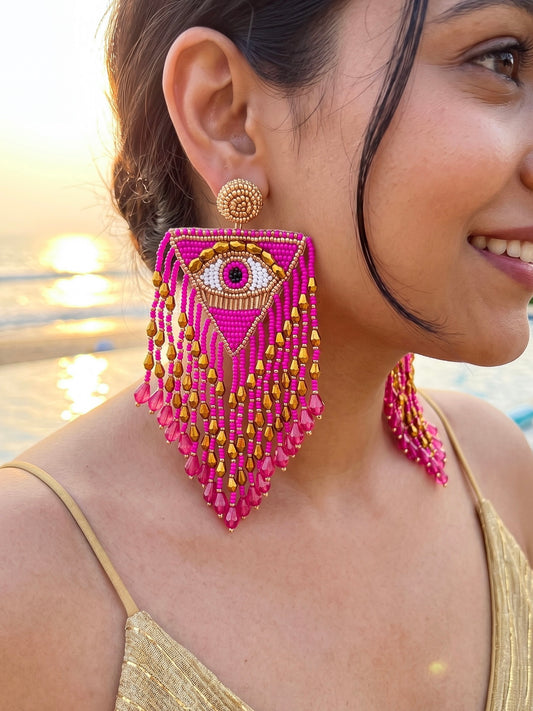 Luxe Evil Eye Hot Pink Handmade Beaded Tassel Earrings