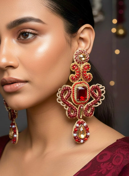 Aashna Red Gold Handmade Beaded Statement Earrings