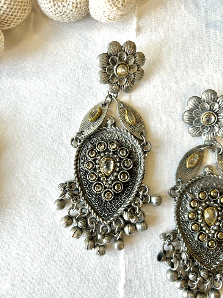 Oxidised Kundan Floral Drop Earrings