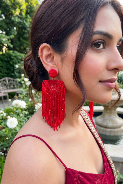 Luxe Crimson Red Handmade Beaded Tassel Earrings