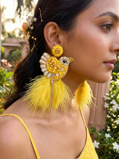 Glamorous Yellow Birdies Handmade Beaded Bird Earrings