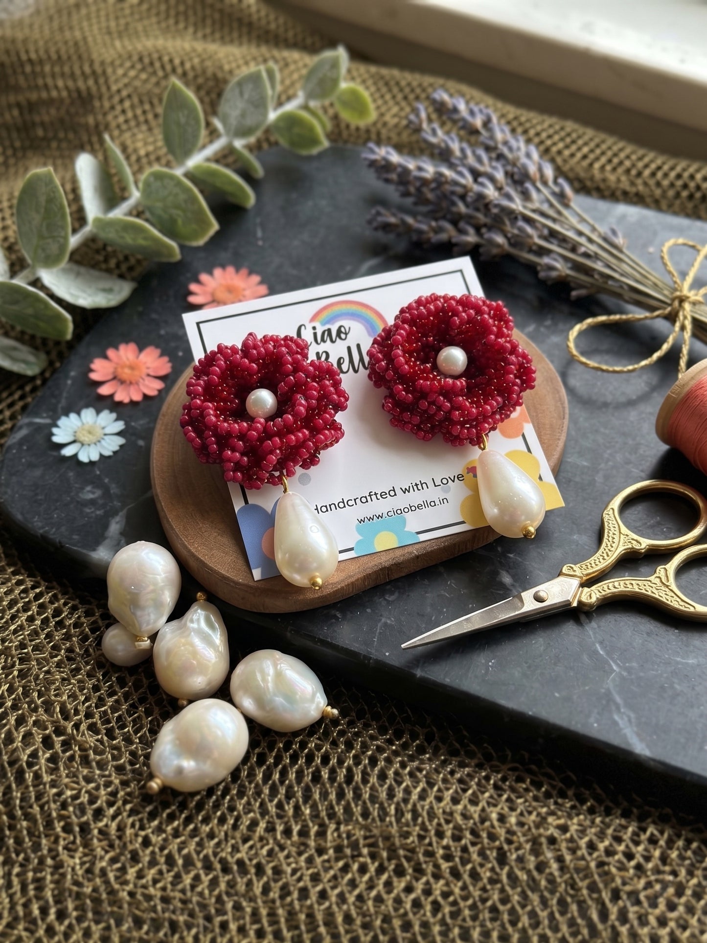 Crochet Deep Red 3D Rose Pearl Drops Flower Handmade Beaded Earrings