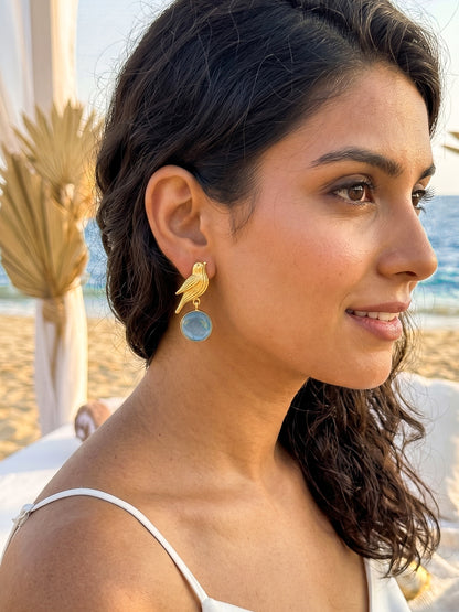 Hello Birdie Handmade Brass Earrings - Aqua Round