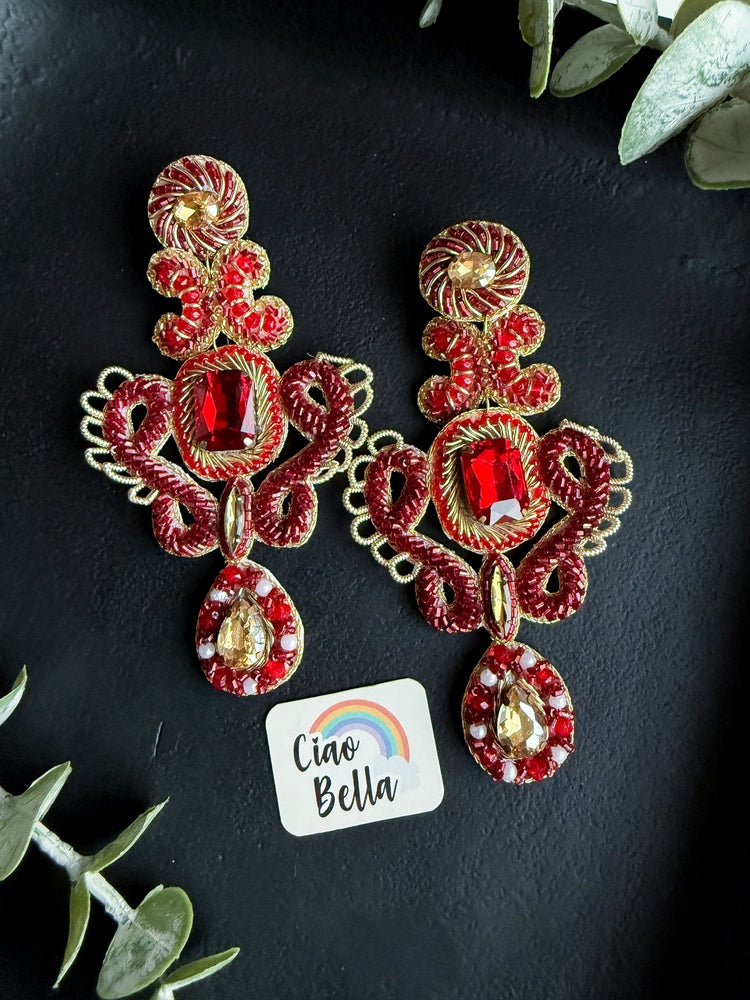 Aashna Red Gold Handmade Beaded Statement Earrings