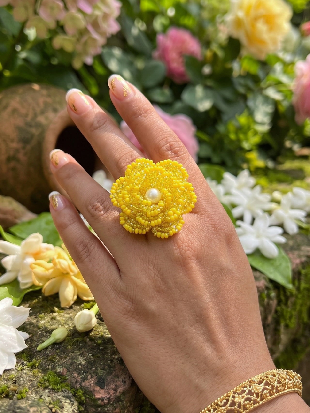 Crochet Yellow 3D Rose Flower Handmade Beaded Ring