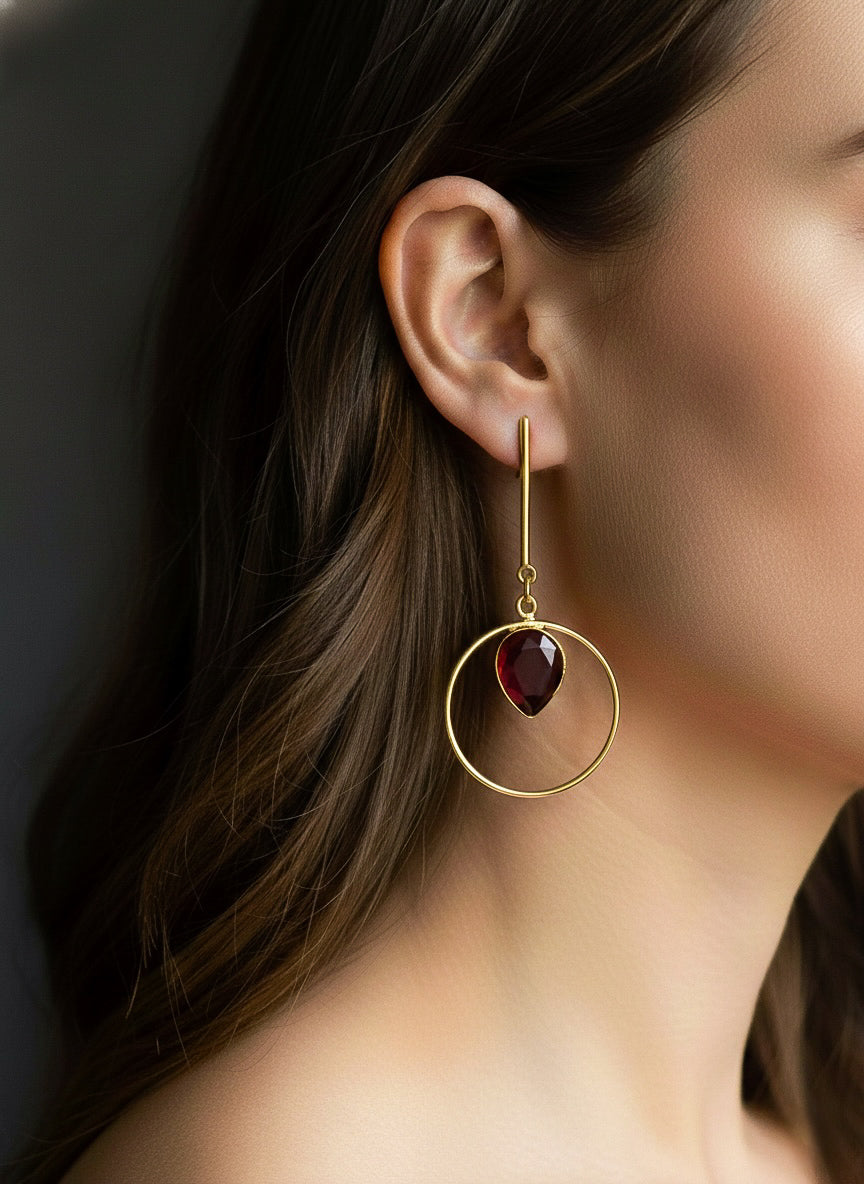 Deep Red Monalisa Teardrop Handmade Brass Earrings