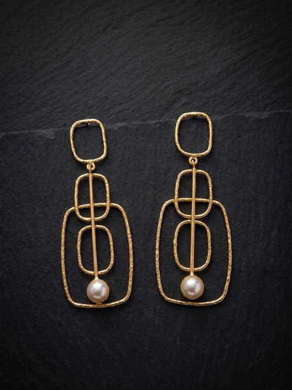 Halo Frame Pearl Handmade Brass Earrings