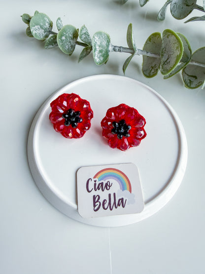 Sparkling Red Daisy Handmade Beaded Necklace + Earrings Set