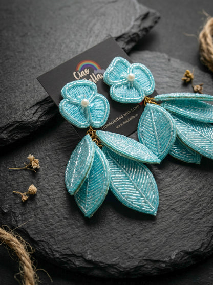 Luxe Leafy Affair Aqua Blue Handmade Beaded Earrings